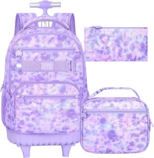 Rolling Backpack for Girls and Womens, 3PCS Roller Bookbag with Lunch Bag for Kids, Wheeled School Bag for Children - Purple Tie-Dye