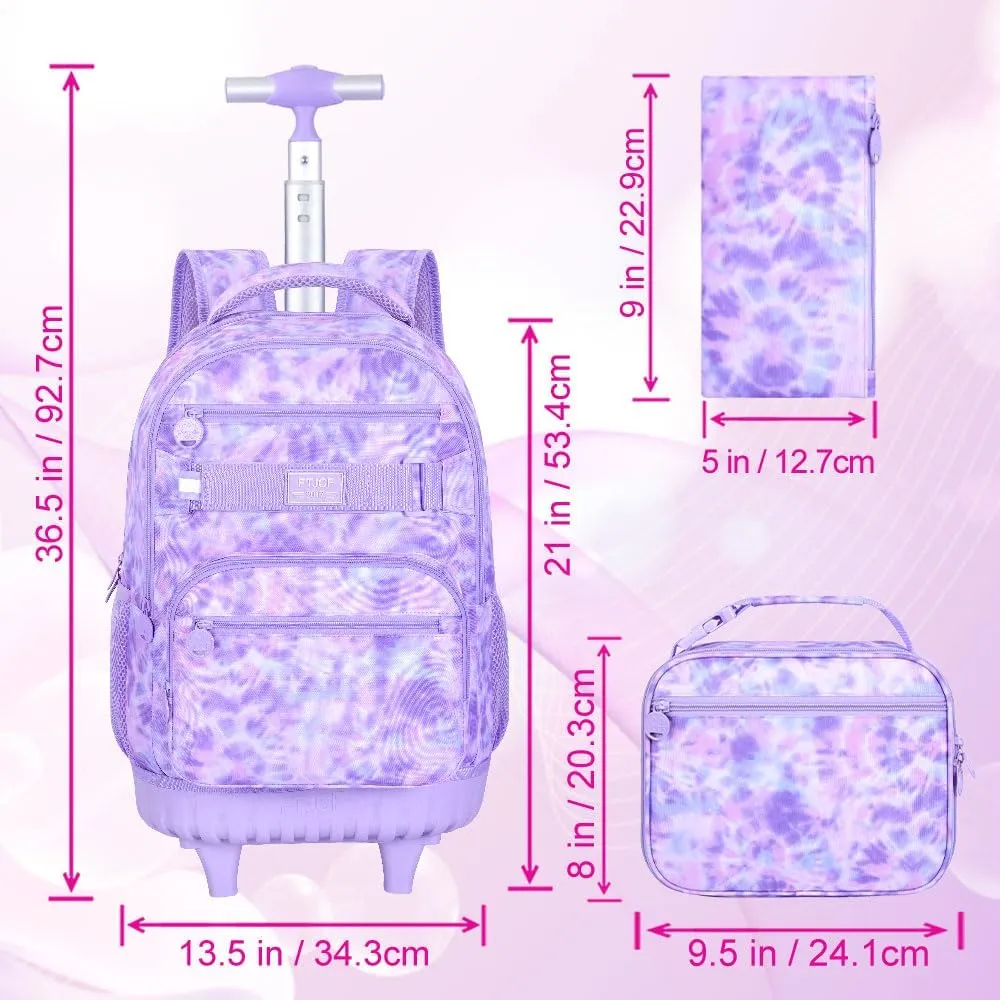 Rolling Backpack for Girls and Womens, 3PCS Roller Bookbag with Lunch Bag for Kids, Wheeled School Bag for Children - Purple Tie-Dye