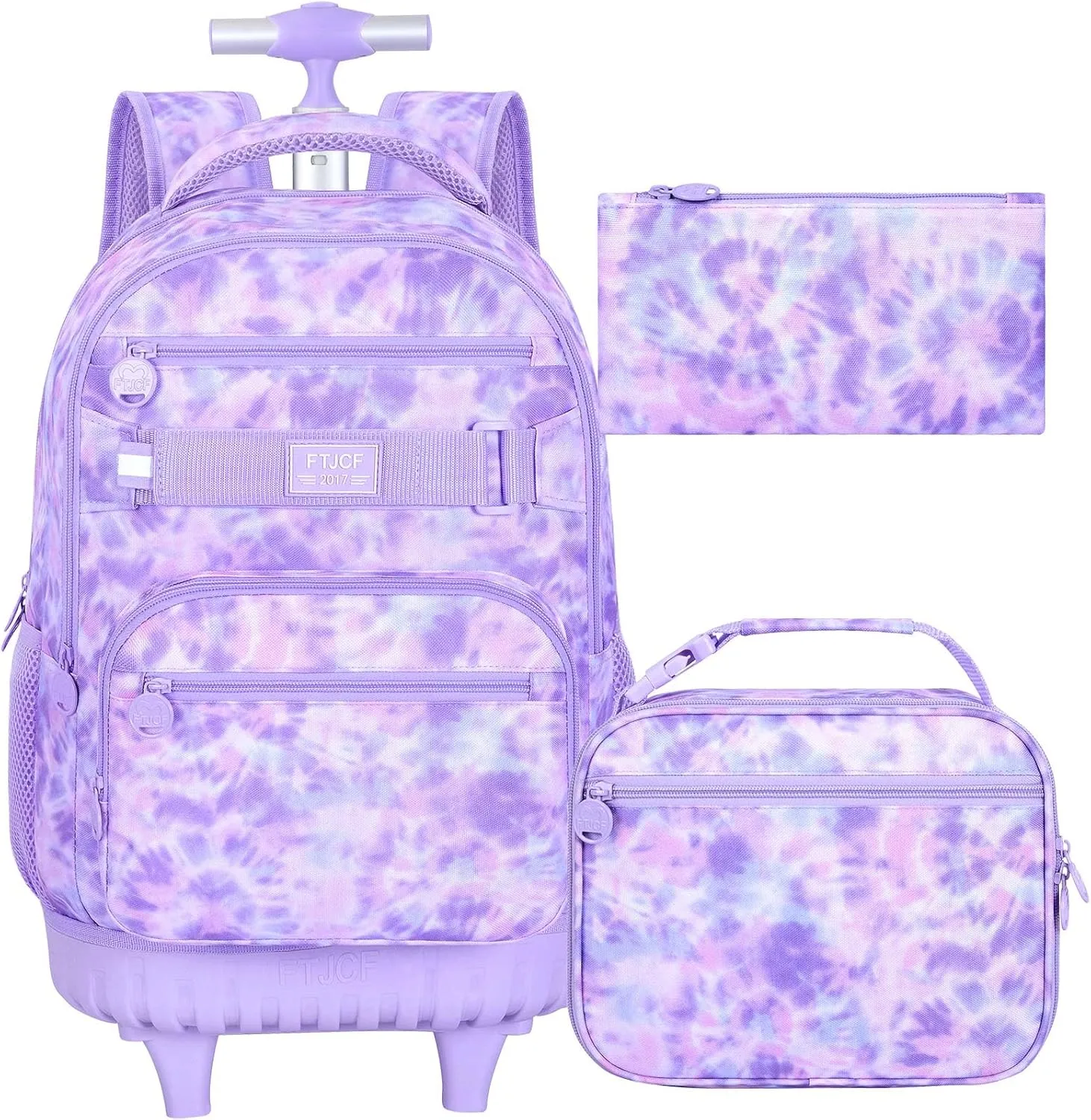 Rolling Backpack for Girls and Womens, 3PCS Roller Bookbag with Lunch Bag for Kids, Wheeled School Bag for Children - Purple Tie-Dye