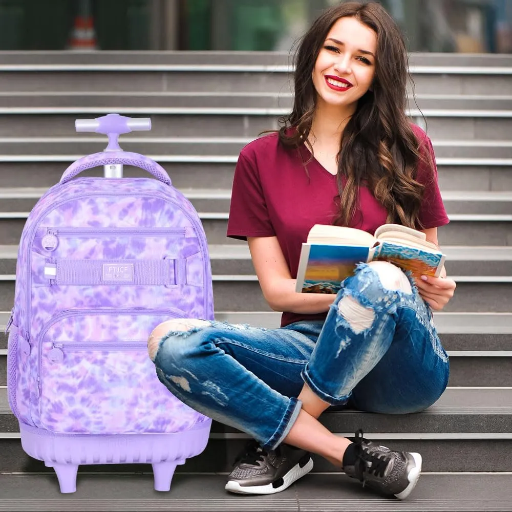 Rolling Backpack for Girls and Womens, 3PCS Roller Bookbag with Lunch Bag for Kids, Wheeled School Bag for Children - Purple Tie-Dye