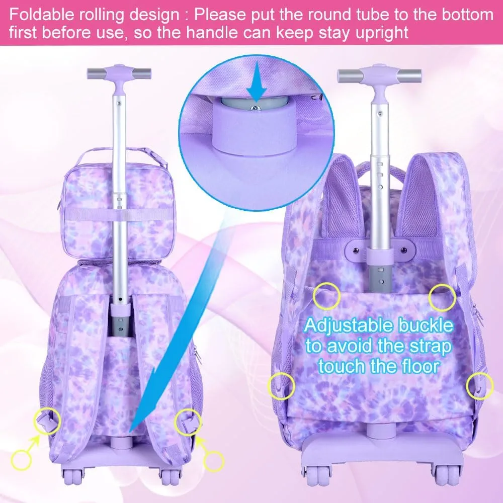 Rolling Backpack for Girls and Womens, 3PCS Roller Bookbag with Lunch Bag for Kids, Wheeled School Bag for Children - Purple Tie-Dye