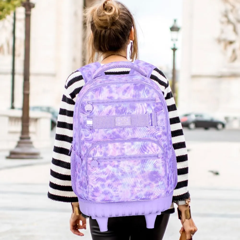 Rolling Backpack for Girls and Womens, 3PCS Roller Bookbag with Lunch Bag for Kids, Wheeled School Bag for Children - Purple Tie-Dye