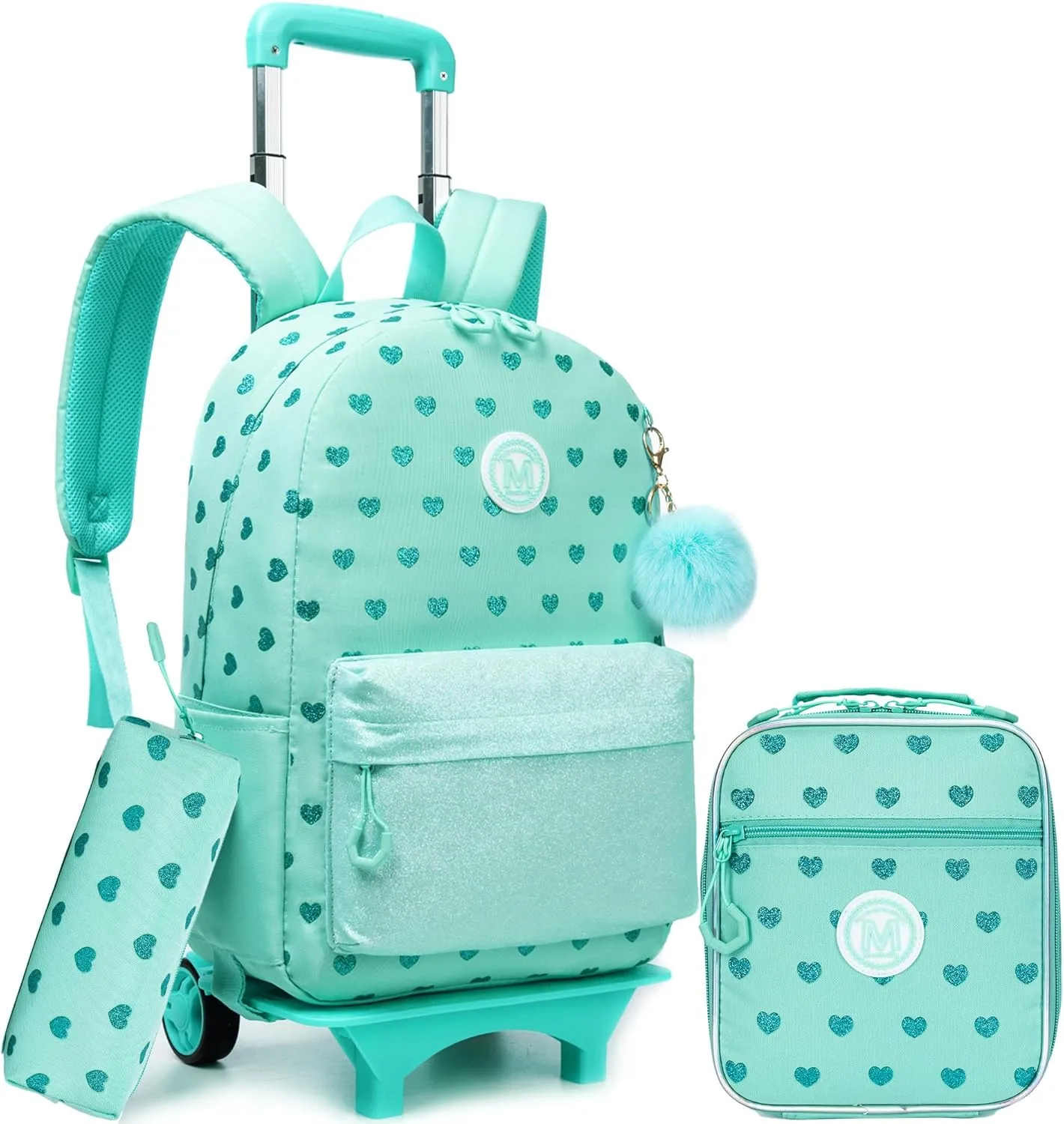 Rolling Backpack for Girls Cute Green Backpack with Wheels Kids Suitcase for Girls with Lunch Box Set 3 in 1 Wheeled Backpack for Elementary Middle School Back to School Supplies