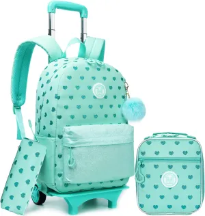 Rolling Backpack for Girls Cute Green Backpack with Wheels Kids Suitcase for Girls with Lunch Box Set 3 in 1 Wheeled Backpack for Elementary Middle School Back to School Supplies