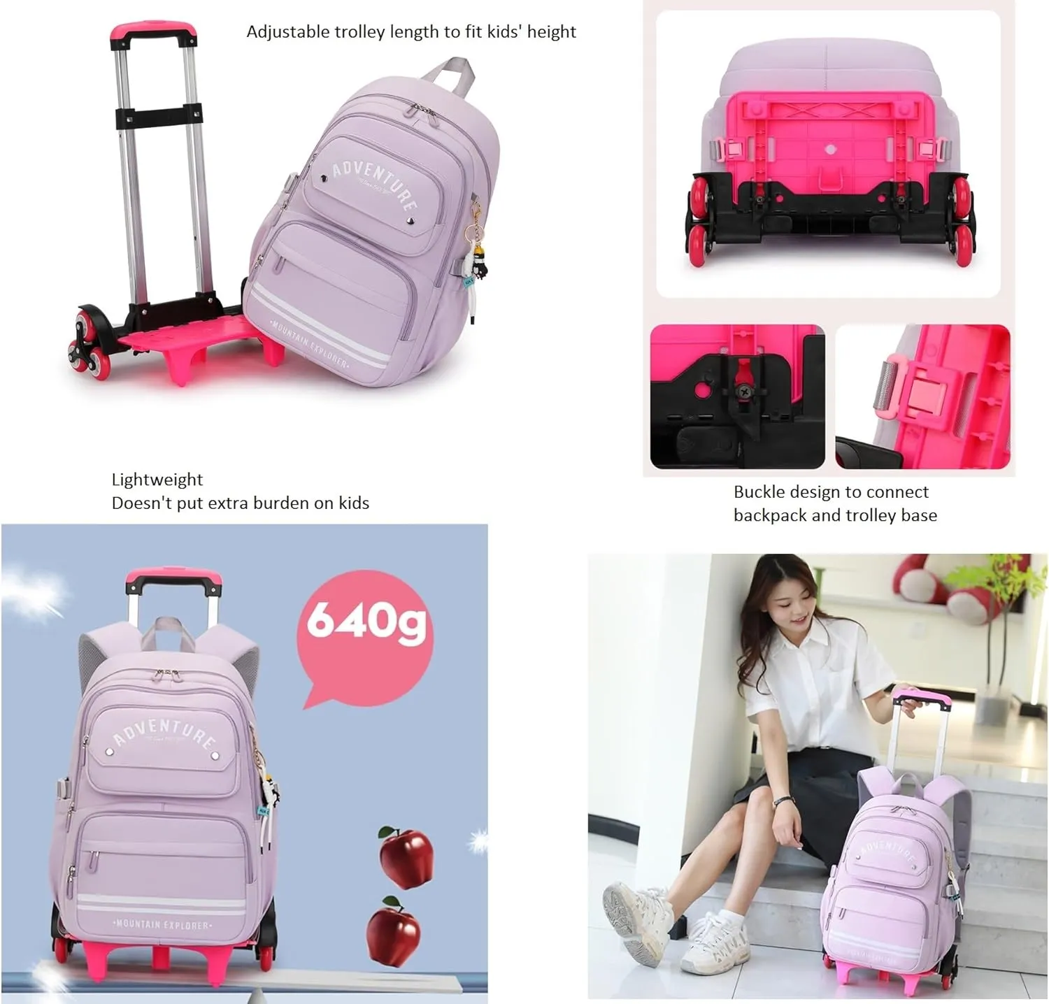 Rolling Backpack for Girls Kids Backpack with Wheels Roller Bookbag Trolley School Bag Wheeled Bag