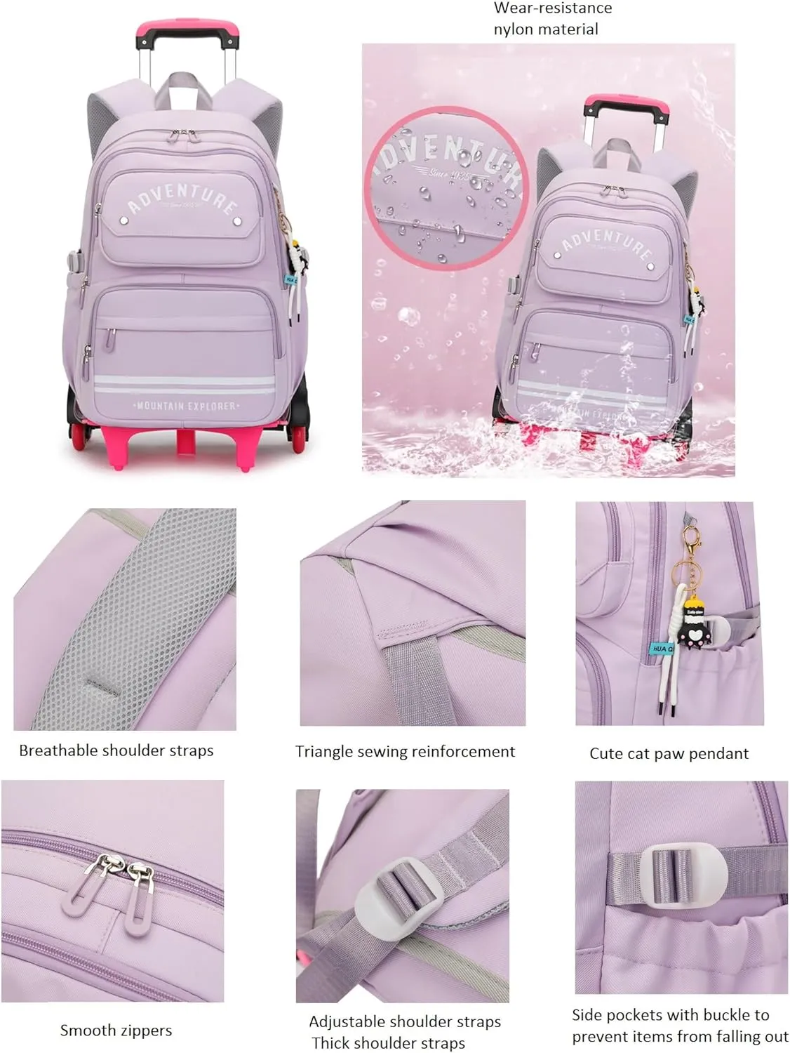 Rolling Backpack for Girls Kids Backpack with Wheels Roller Bookbag Trolley School Bag Wheeled Bag
