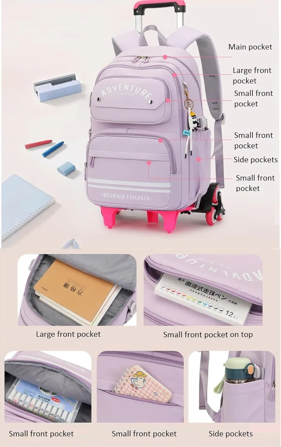 Rolling Backpack for Girls Kids Backpack with Wheels Roller Bookbag Trolley School Bag Wheeled Bag