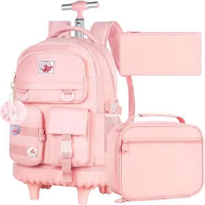 Rolling Backpack for Girls Women, 21 inch Water Resistant Roller Wheels Backpacks, Wheeled Bookbag with Lunch Bag for Teen Elementary School Travel - Pink