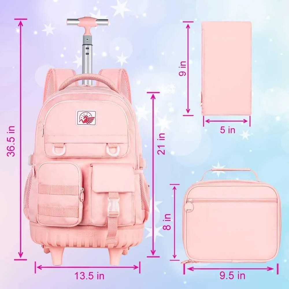Rolling Backpack for Girls Women, 21 inch Water Resistant Roller Wheels Backpacks, Wheeled Bookbag with Lunch Bag for Teen Elementary School Travel - Pink