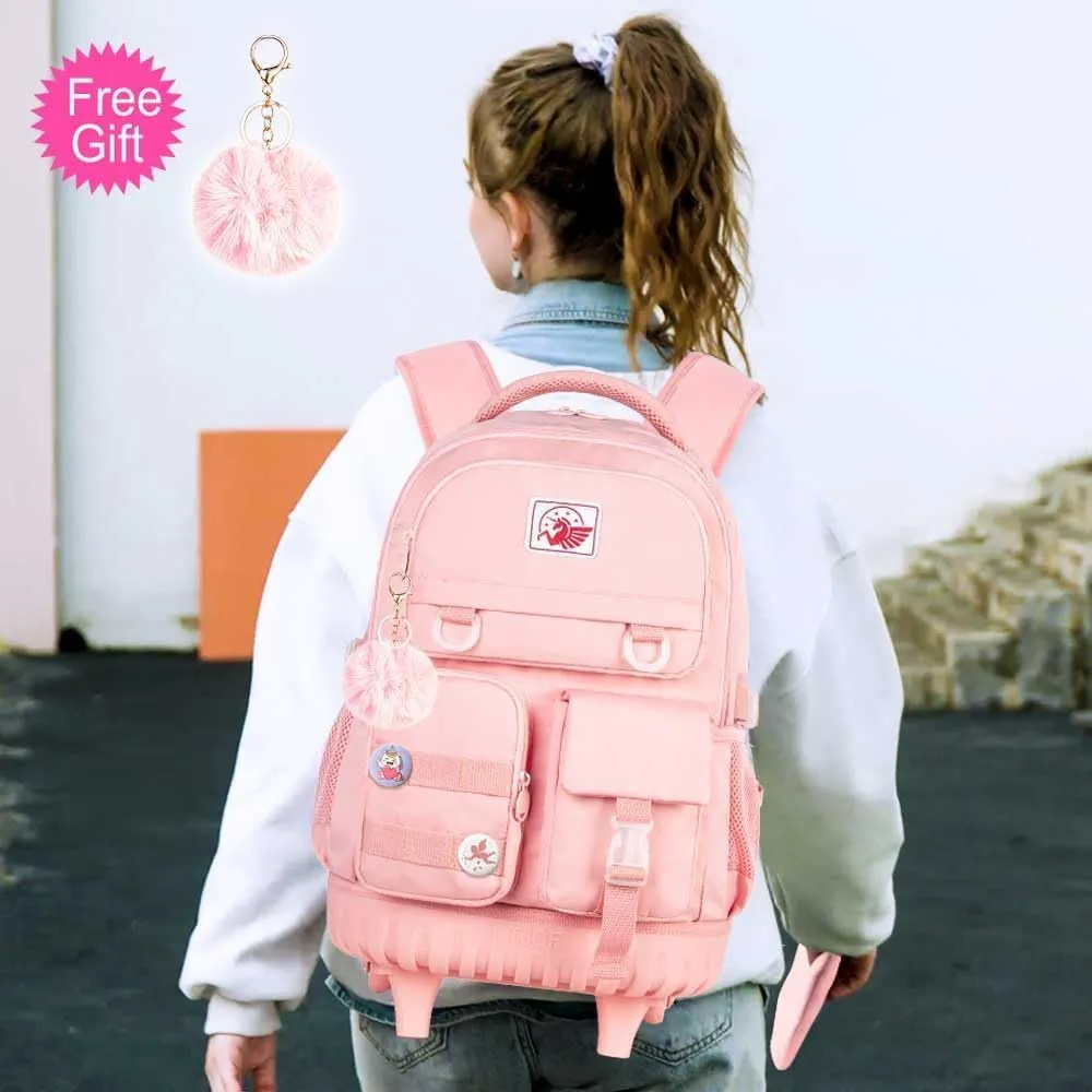 Rolling Backpack for Girls Women, 21 inch Water Resistant Roller Wheels Backpacks, Wheeled Bookbag with Lunch Bag for Teen Elementary School Travel - Pink