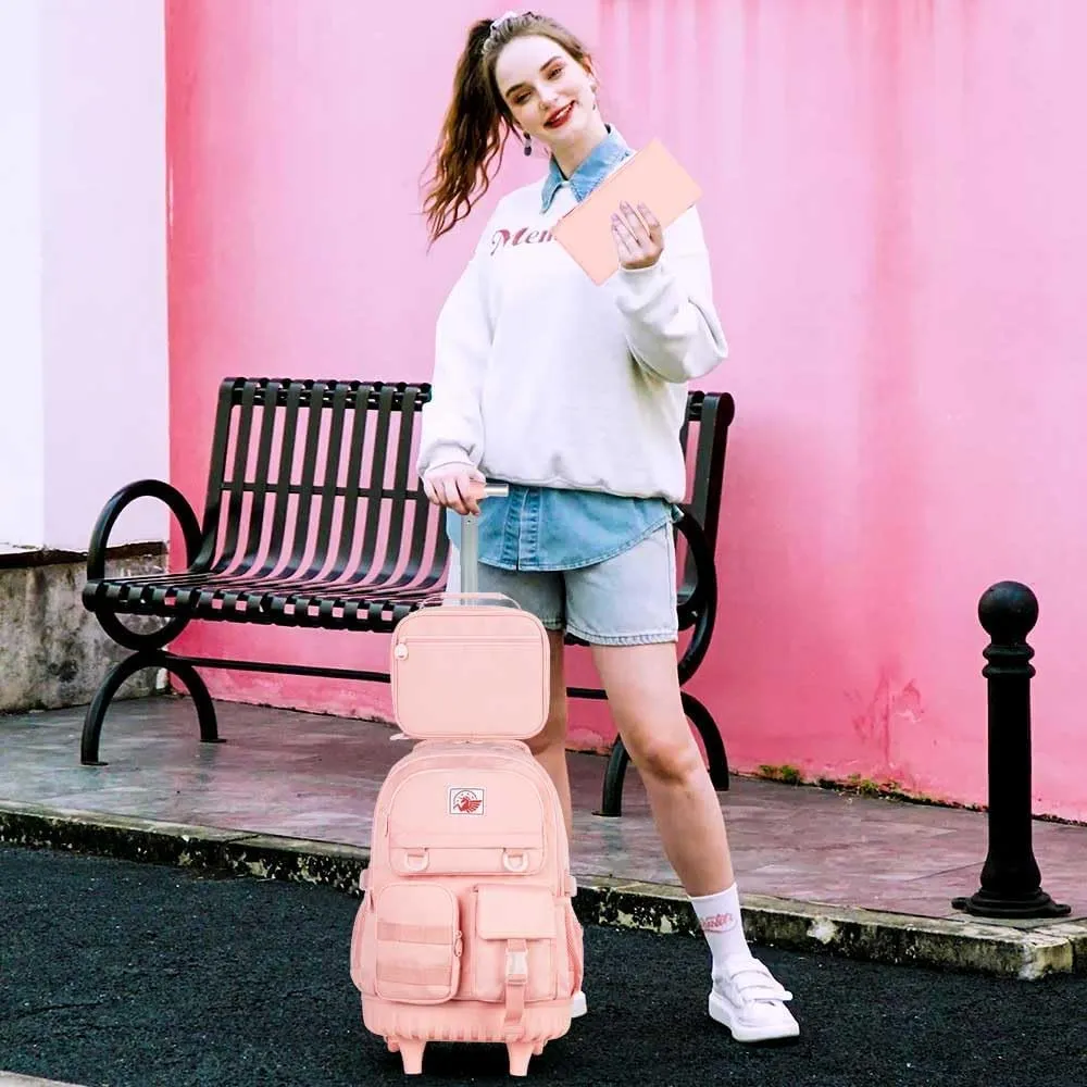 Rolling Backpack for Girls Women, 21 inch Water Resistant Roller Wheels Backpacks, Wheeled Bookbag with Lunch Bag for Teen Elementary School Travel - Pink