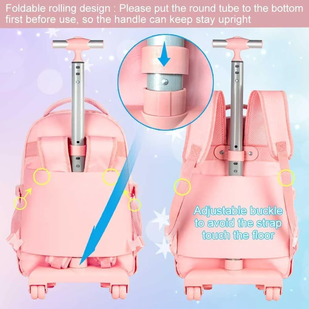 Rolling Backpack for Girls Women, 21 inch Water Resistant Roller Wheels Backpacks, Wheeled Bookbag with Lunch Bag for Teen Elementary School Travel - Pink