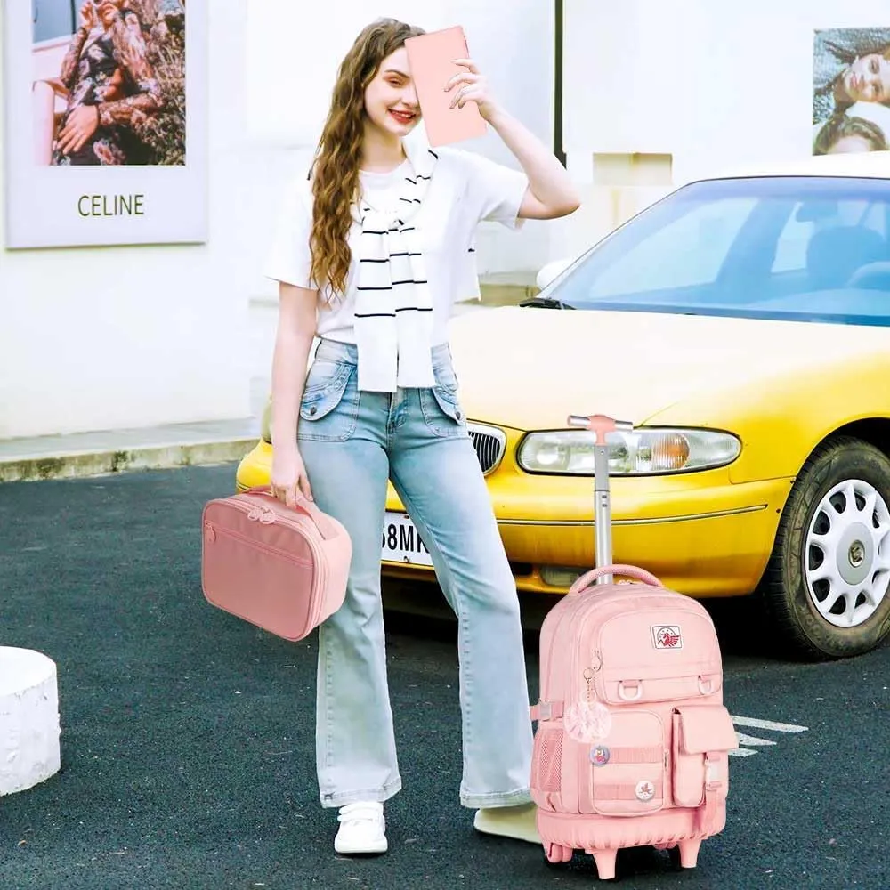 Rolling Backpack for Girls Women, 21 inch Water Resistant Roller Wheels Backpacks, Wheeled Bookbag with Lunch Bag for Teen Elementary School Travel - Pink