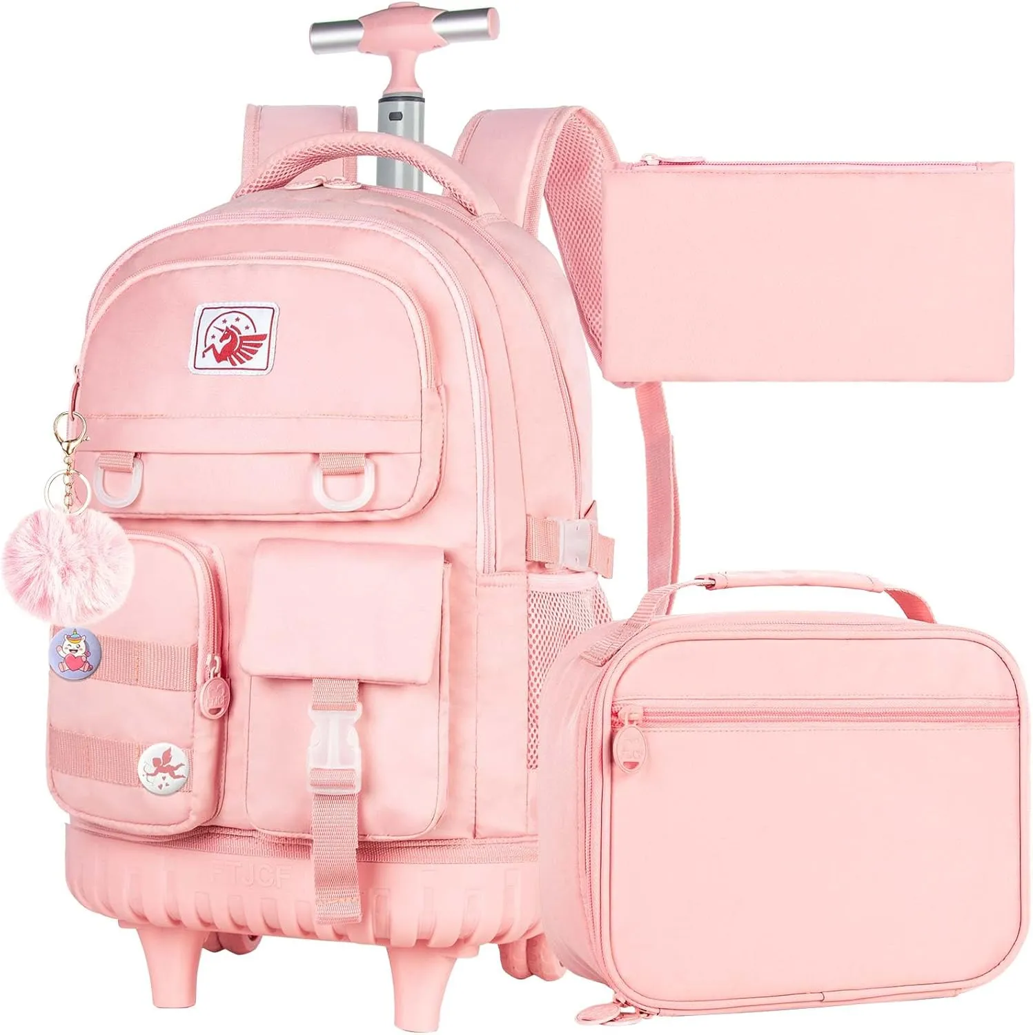 Rolling Backpack for Girls Women, 21 inch Water Resistant Roller Wheels Backpacks, Wheeled Bookbag with Lunch Bag for Teen Elementary School Travel - Pink