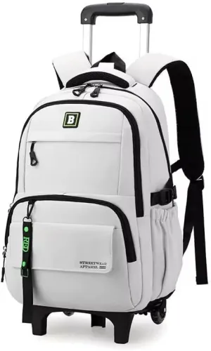 Rolling Backpack with Wheels, White Travel Laptop Bag, Multiple Compartments, Telescoping Handle