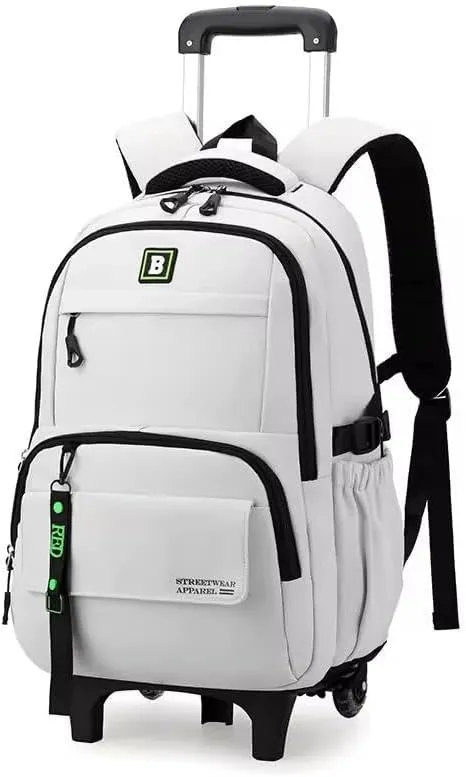 Rolling Backpack with Wheels, White Travel Laptop Bag, Multiple Compartments, Telescoping Handle