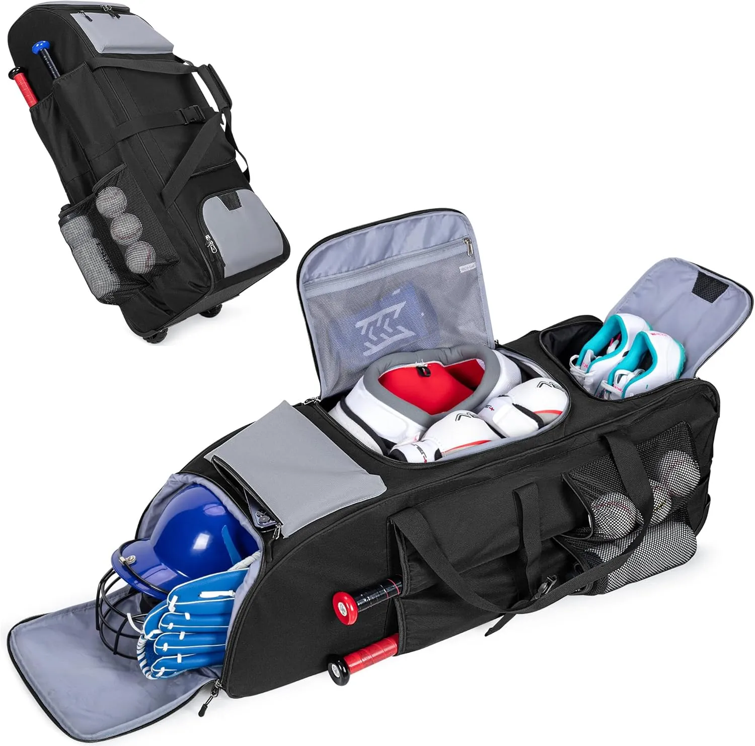 Rolling Baseball Bag for 4 Bats, Black Softball Bag with Wheels, Large Baseball Equipment Bag with Separate Shoe Compartment and Glove Pocket