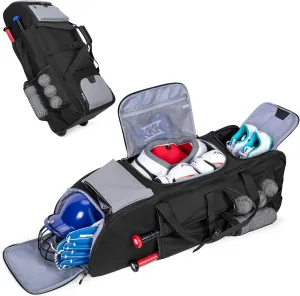 Rolling Baseball Bag for 4 Bats, Black Softball Bag with Wheels, Large Baseball Equipment Bag with Separate Shoe Compartment and Glove Pocket