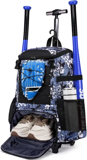 Rolling Baseball Bag Wheeled Softball bag for Adult,Baseball bag with Fence Hook forTeeball Gear,Batting Mitten,Helmet,Bat bag with Shoe Compartment