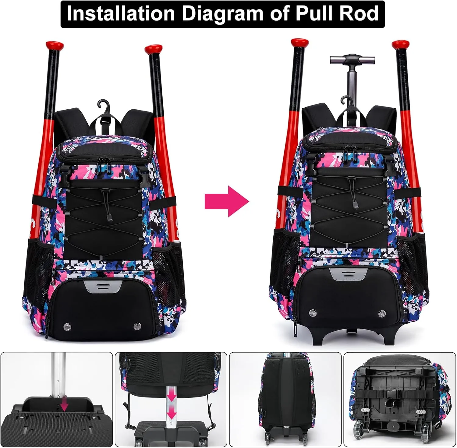 Rolling Baseball Bag Wheeled Softball bag for Adult,Baseball bag with Fence Hook forTeeball Gear,Batting Mitten,Helmet,Bat bag with Shoe Compartment