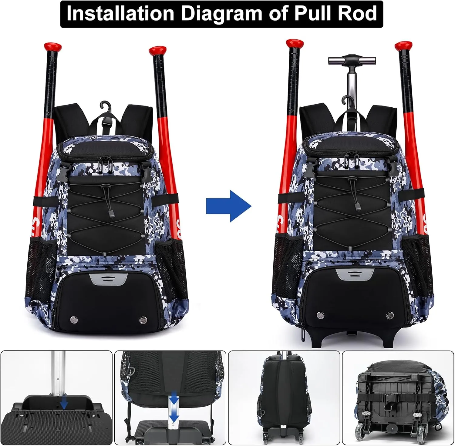 Rolling Baseball Bag Wheeled Softball bag for Adult,Baseball bag with Fence Hook forTeeball Gear,Batting Mitten,Helmet,Bat bag with Shoe Compartment