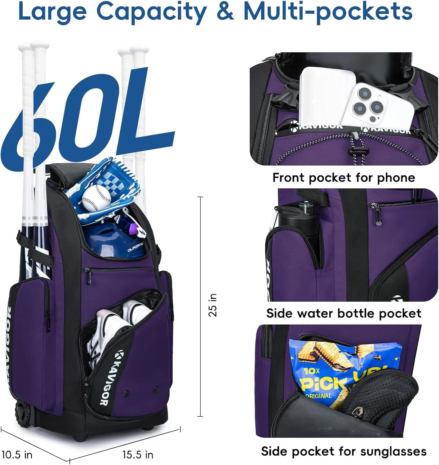 Rolling Baseball Bag with Wheels, 60L Capacity Softball Bag Holds 4 Bats for Boys and Girls, Youth Equipment Bag with Shoe Compartment