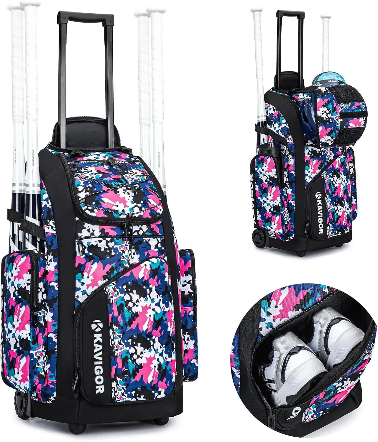 Rolling Baseball Bag with Wheels, 60L Capacity Softball Bag Holds 4 Bats for Boys and Girls, Youth Equipment Bag with Shoe Compartment