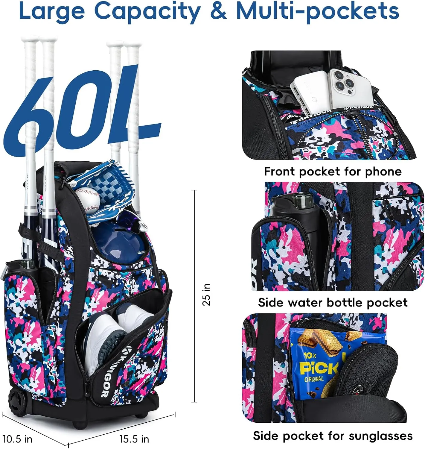 Rolling Baseball Bag with Wheels, 60L Capacity Softball Bag Holds 4 Bats for Boys and Girls, Youth Equipment Bag with Shoe Compartment
