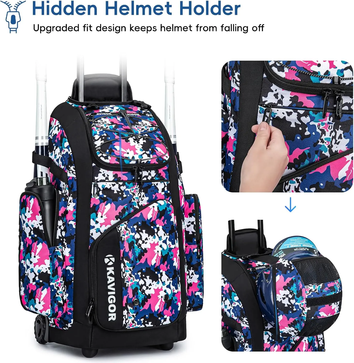 Rolling Baseball Bag with Wheels, 60L Capacity Softball Bag Holds 4 Bats for Boys and Girls, Youth Equipment Bag with Shoe Compartment