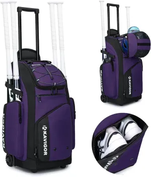 Rolling Baseball Bag with Wheels, 60L Capacity Softball Bag Holds 4 Bats for Boys and Girls, Youth Equipment Bag with Shoe Compartment