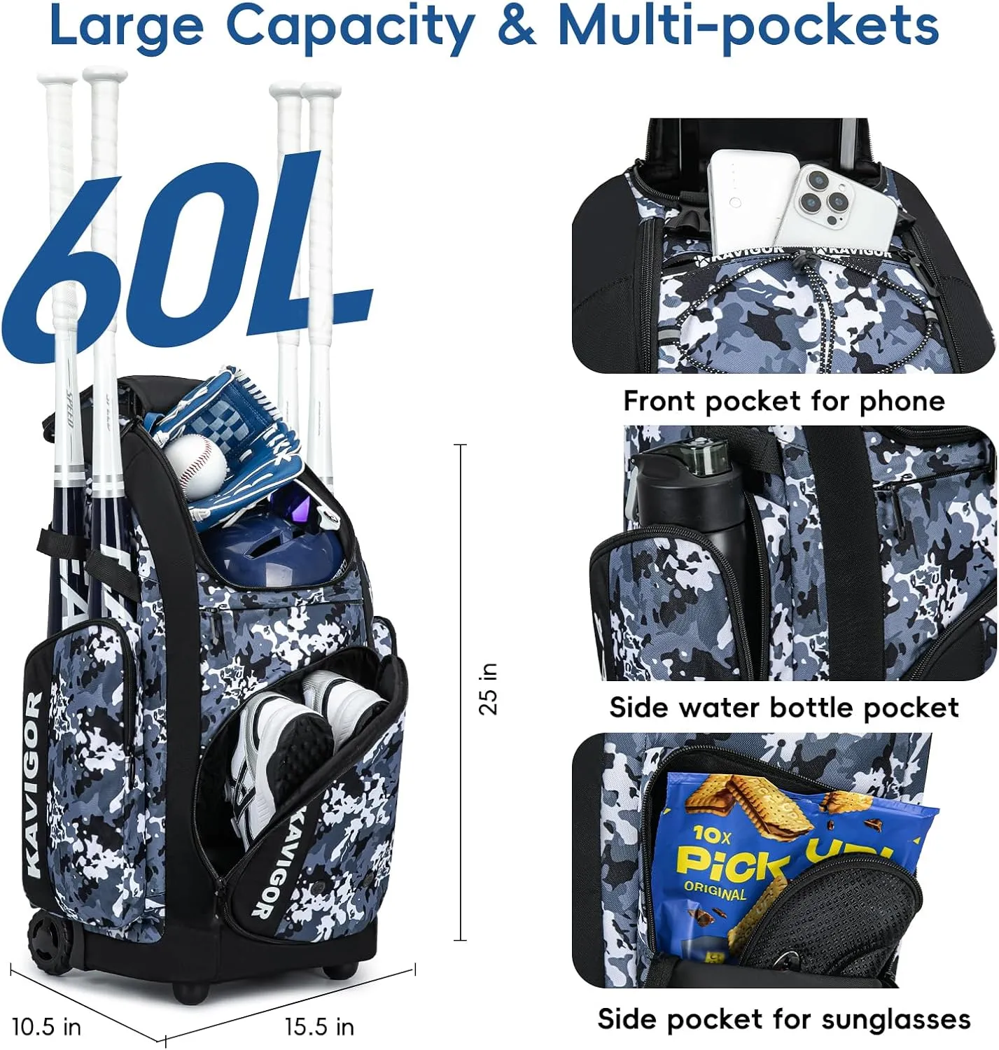 Rolling Baseball Bag with Wheels, 60L Capacity Softball Bag Holds 4 Bats for Boys and Girls, Youth Equipment Bag with Shoe Compartment