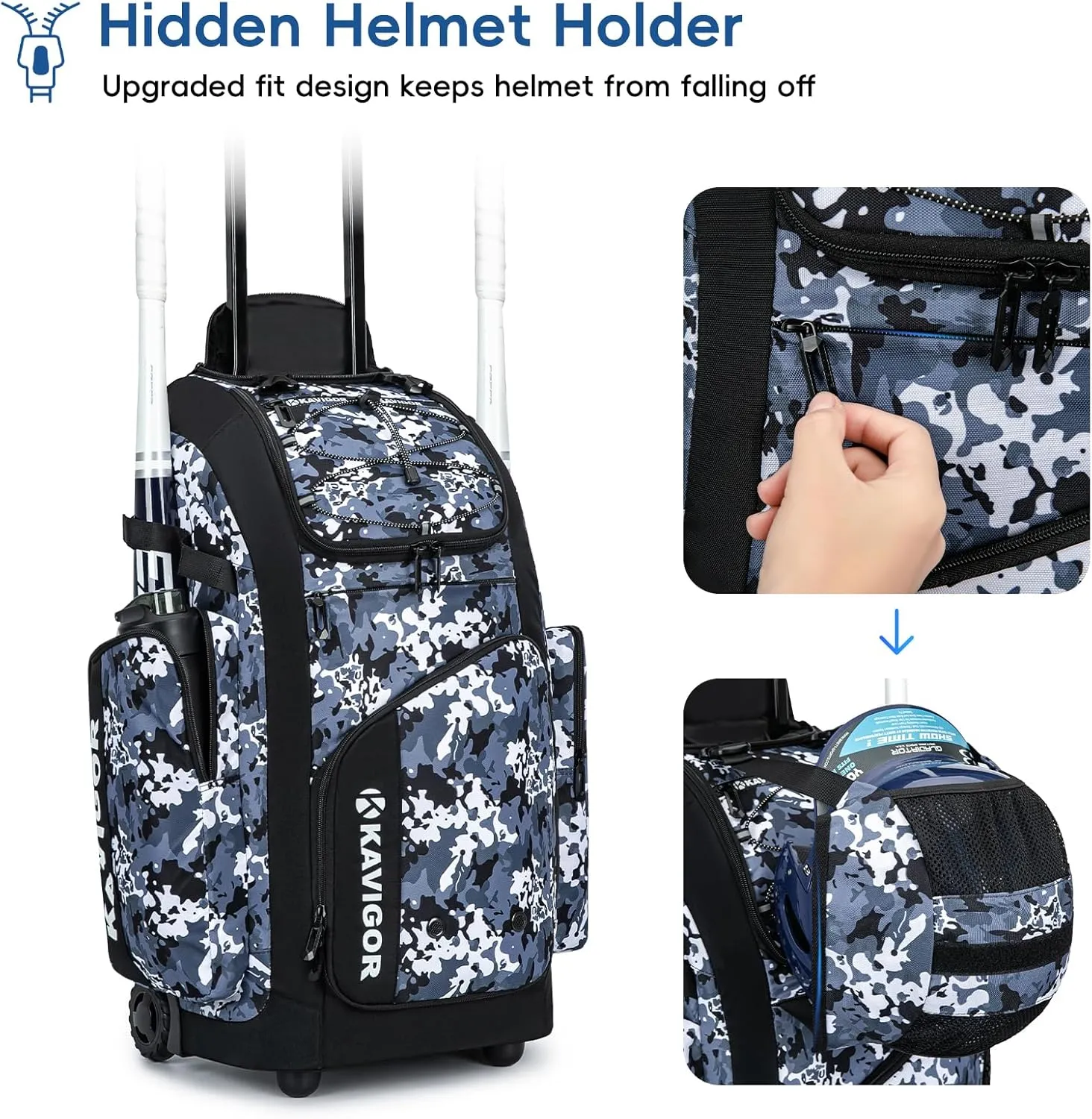 Rolling Baseball Bag with Wheels, 60L Capacity Softball Bag Holds 4 Bats for Boys and Girls, Youth Equipment Bag with Shoe Compartment
