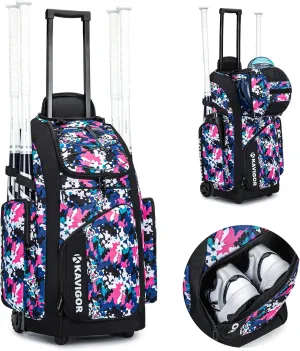 Rolling Baseball Bag with Wheels, 60L Capacity Softball Bag Holds 4 Bats for Boys and Girls, Youth Equipment Bag with Shoe Compartment