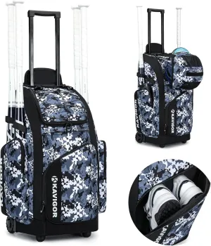 Rolling Baseball Bag with Wheels, 60L Capacity Softball Bag Holds 4 Bats for Boys and Girls, Youth Equipment Bag with Shoe Compartment