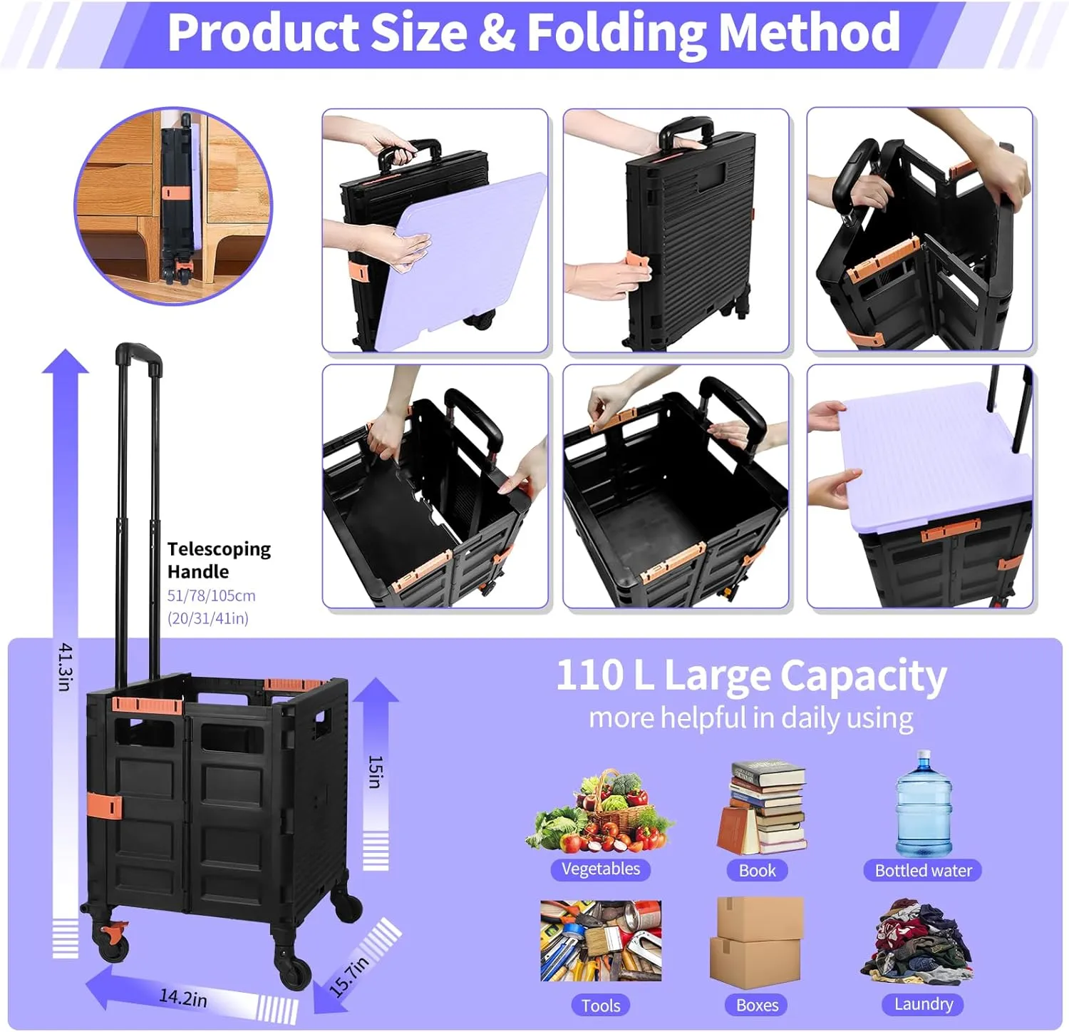 Rolling Crate Utility Cart Collapsible Tote Basket Teacher Cart with Lid Wear-Resistant Noiseless 360°Rotate Wheel Telescoping Handle for Trave Moving Luggage Use(Purple,110lbs)