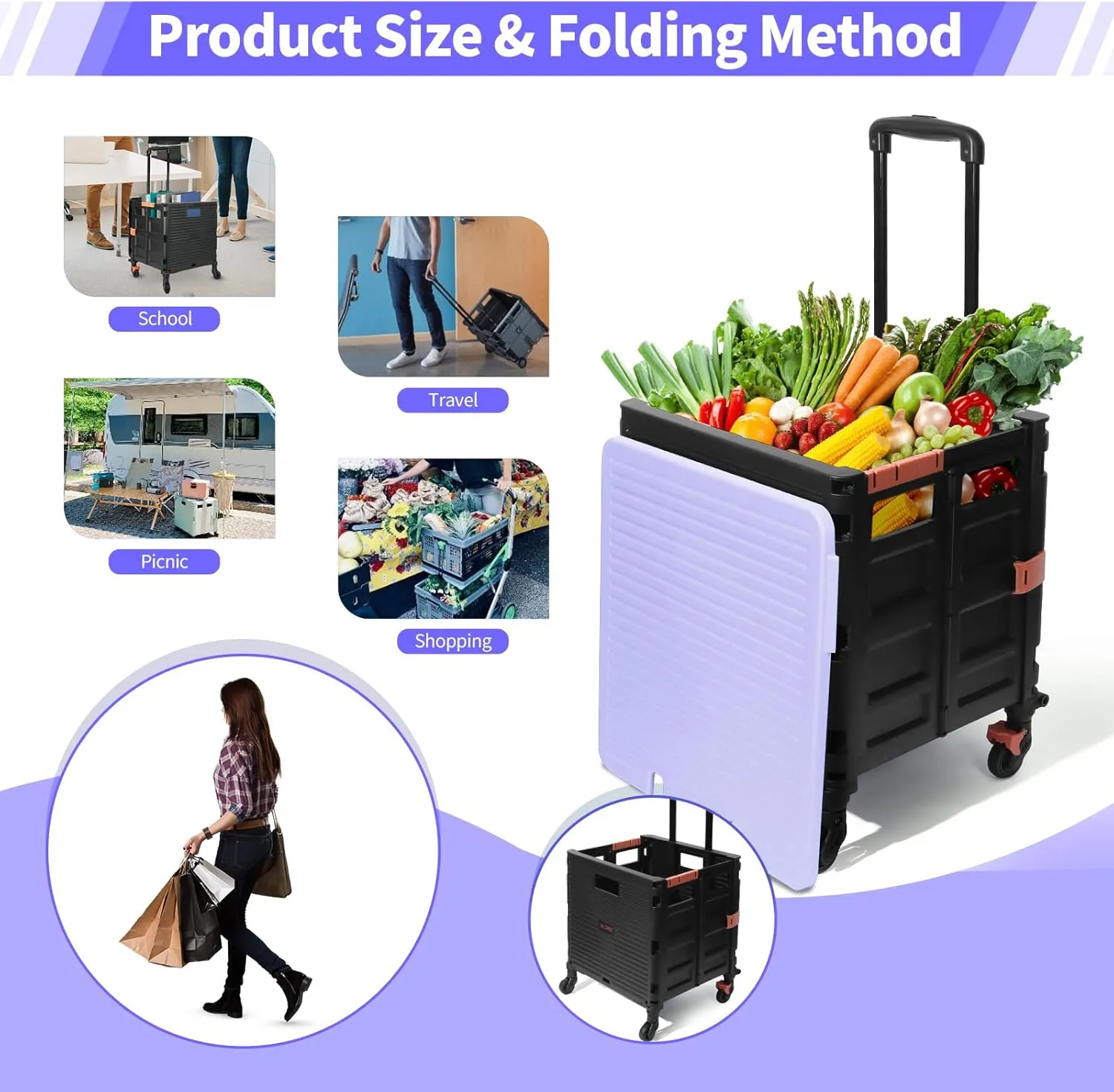 Rolling Crate Utility Cart Collapsible Tote Basket Teacher Cart with Lid Wear-Resistant Noiseless 360°Rotate Wheel Telescoping Handle for Trave Moving Luggage Use(Purple,110lbs)
