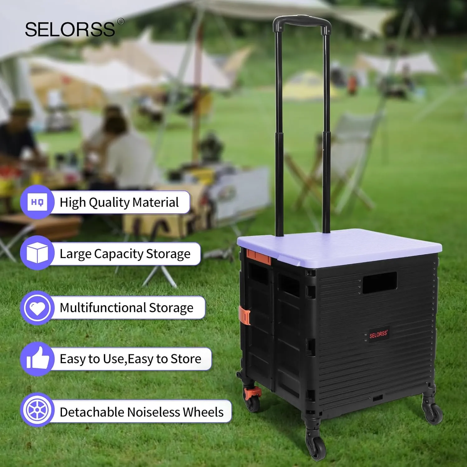 Rolling Crate Utility Cart Collapsible Tote Basket Teacher Cart with Lid Wear-Resistant Noiseless 360°Rotate Wheel Telescoping Handle for Trave Moving Luggage Use(Purple,110lbs)
