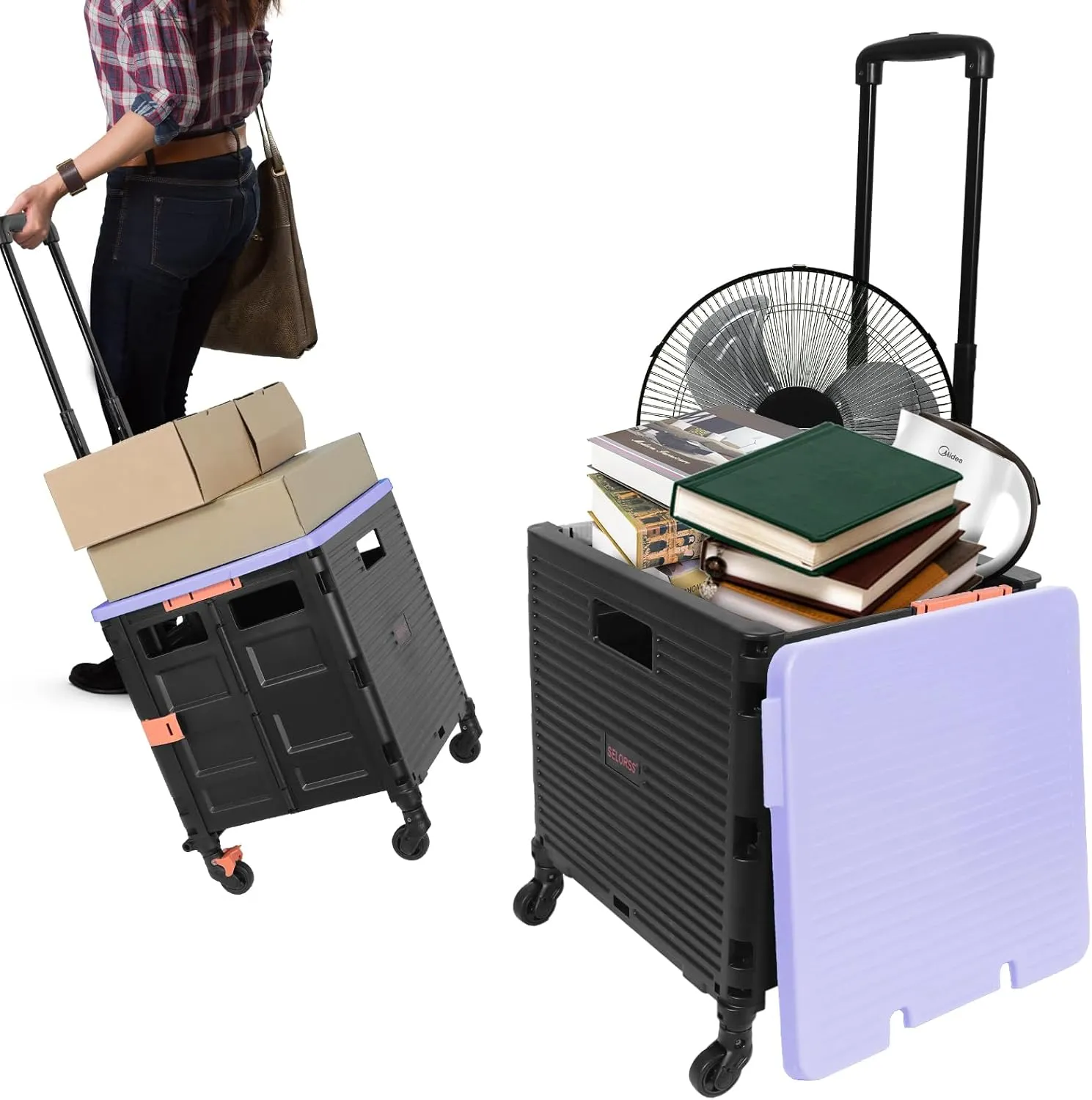 Rolling Crate Utility Cart Collapsible Tote Basket Teacher Cart with Lid Wear-Resistant Noiseless 360°Rotate Wheel Telescoping Handle for Trave Moving Luggage Use(Purple,110lbs)