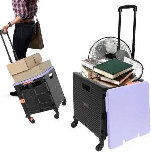 Rolling Crate Utility Cart Collapsible Tote Basket Teacher Cart with Lid Wear-Resistant Noiseless 360°Rotate Wheel Telescoping Handle for Trave Moving Luggage Use(Purple,110lbs)
