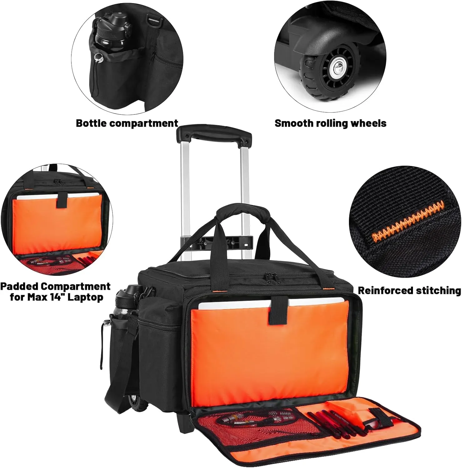 Rolling DJ Bag with Wheels, Gig bag Built-in Sturdy Support Board, DJ cable bag with Detachable Divider & Padded Shoulder Strap (Orange Color, 16''×11.4''×10'')