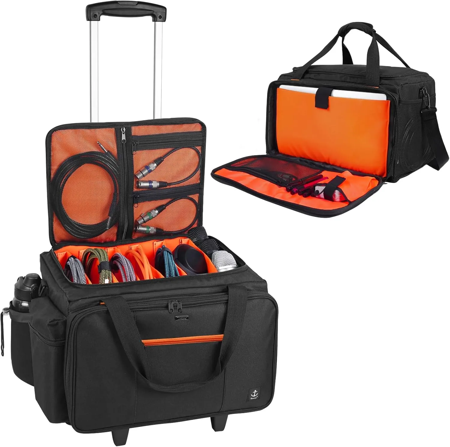 Rolling DJ Bag with Wheels, Gig bag Built-in Sturdy Support Board, DJ cable bag with Detachable Divider & Padded Shoulder Strap (Orange Color, 16''×11.4''×10'')