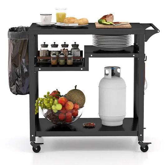 Rolling Grill Cart 3-Shelf BBQ Cart with Hooks and Side Handle-Black - Color: Bl