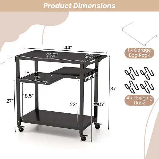 Rolling Grill Cart 3-Shelf BBQ Cart with Hooks and Side Handle-Black - Color: Bl