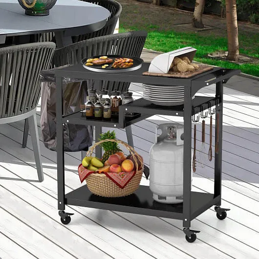 Rolling Grill Cart 3-Shelf BBQ Cart with Hooks and Side Handle-Black - Color: Bl