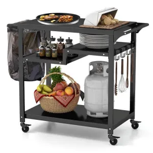 Rolling Grill Cart 3-Shelf BBQ Cart with Hooks and Side Handle-Black - Color: Bl
