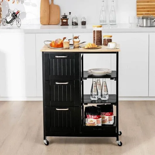 Rolling Kitchen Island Utility Storage Cart with 3 Large Drawers-Black - Color:
