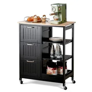 Rolling Kitchen Island Utility Storage Cart with 3 Large Drawers-Black - Color: