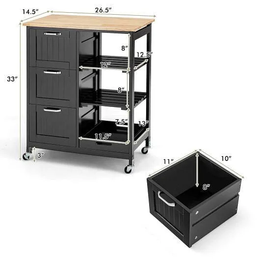 Rolling Kitchen Island Utility Storage Cart with 3 Large Drawers-Black - Color: