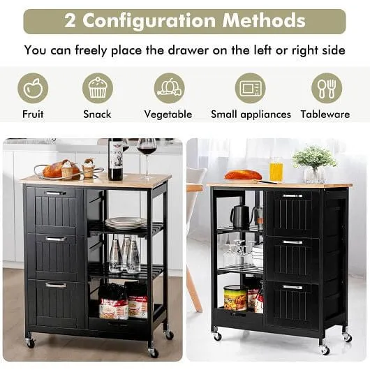 Rolling Kitchen Island Utility Storage Cart with 3 Large Drawers-Black - Color: