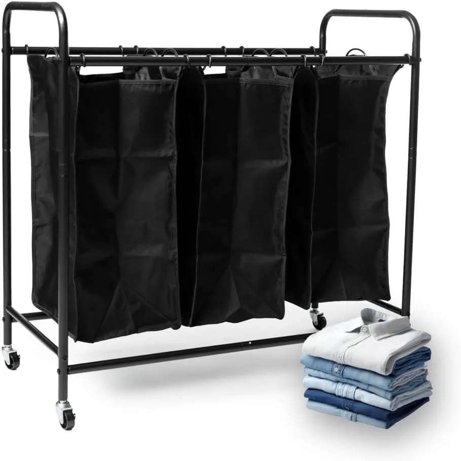 Rolling Laundry Basket with Wheels - 3-Section Organizer, Hamper Cart for Dirty Clothes - Wheeled Laundry Hamper with Storage - Laundry Room Essential - Laundry Basket with Wheels by Samma